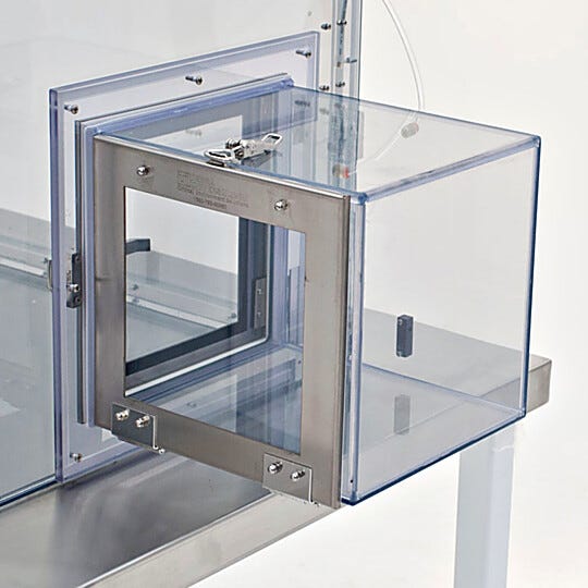 Air locks provide a buffer space that minimizes contamination during parts transfer (static-dissipative PVC model shown) | 3305-39 displayed