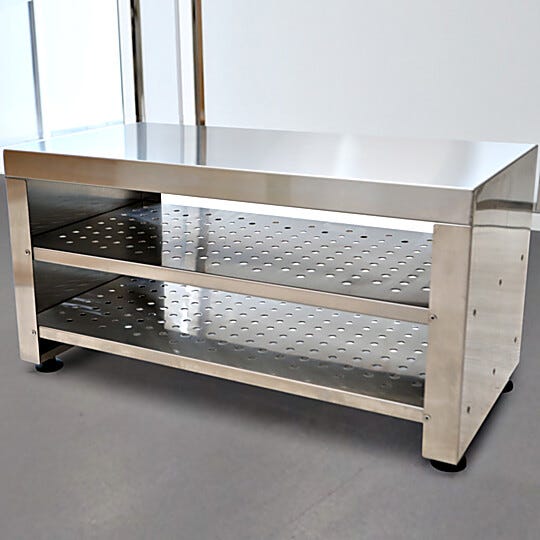 Solid-top 36"L gowning bench includes perforated shelves for bootie storage  |  1540-15 displayed