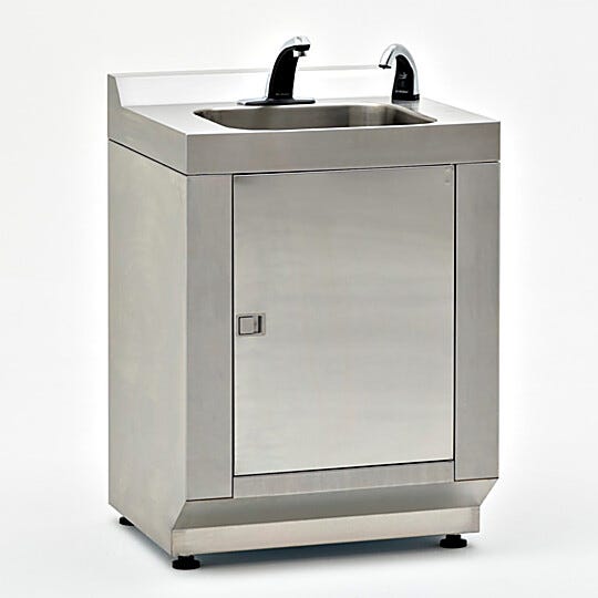 Single-sink modular cleanroom hand washing station in 304 stainless steel with hands-free faucet and automatic IR beam soap dispenser included | 9600-83B displayed