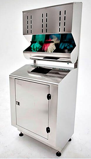 BioSafe® stainless steel glove dispenser is mounted on a stainless steel waste disposal cabinet  |  4951-34A-2 displayed