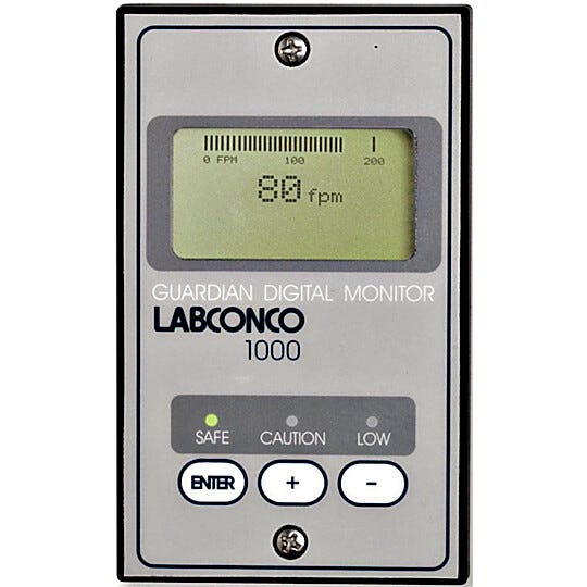 Labconco Guardian 1000 Digital Airflow Monitor with Epoxy-Coated Steel Housing and an LCD display for Protector hoods manufactured from 2002 to 2012 #9743211  |  3646-94 displayed