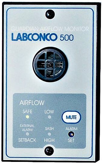 115V and 230V Guardian 500 Airflow Monitor by Labconco factory-prepared cutout on upper portion of Protector and Xstream Hoods; #9723213 and #9743214  |  3646-56 displayed