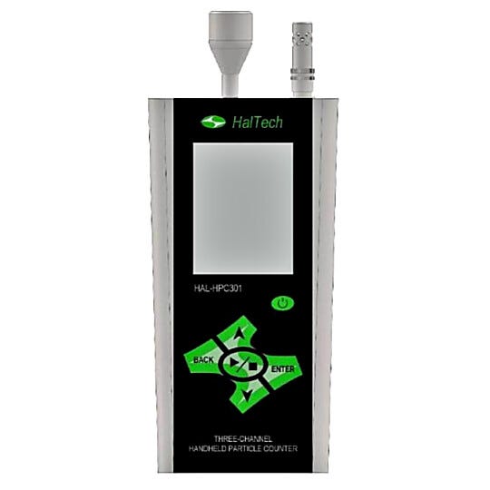HPC301 3-Channel Handheld Laser Air Particle Counter simultaneously measures 3 user-configured particle sizes; accessories sold separately | 1510-31A displayed