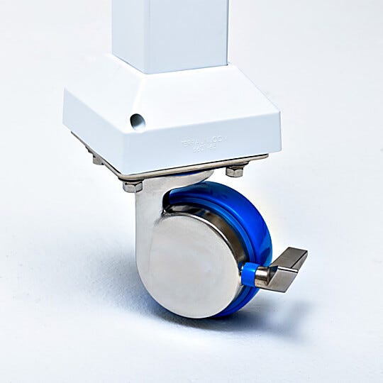 Hygienic caster with a stainless steel finish and a polyamide and polyurethane wheel offers strength and chemical-resistance for softwall cleanrooms  |  2807-91 displayed