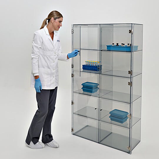 Plastic cleanroom storage cabinet with 10 chambers, 4 doors; ESD-safe design features static-dissipative PVC and grounding tape to door hinges | 3948-16 displayed