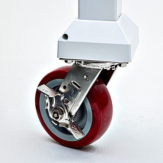 Stainless steel swivel casters feature 6" non-shedding polyurethane wheels and raise cleanroom 7.125"  |  6704-08 displayed
