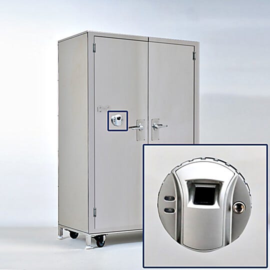 Steel cabinet with fingerprint scanner for secure storage of controlled medications | 1989-10 displayed