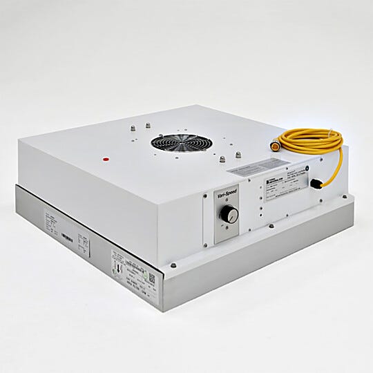 Low profile FFU, 2’x2’, 8" high, backward-curved fan, HEPA filter, variable speed control dial, quick-connect plug  |  6601-22-H-LP displayed