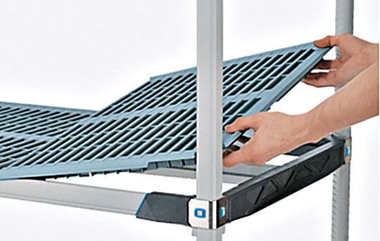 InterMetro Open Grid Interchangeable Polymer Shelving shown being assembled  |  1541-15 displayed