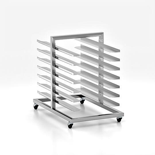 Stainless steel mobile storage rack with 7 vertical shelves, casters for easy mobility, and corrosion-resistant surfaces that wipe down easily  |  9611-72 displayed