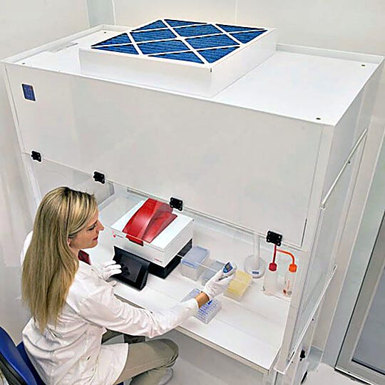 Terra's PCR Workstation features a built-in UV light for decontamination of the hood following DNA- and RNA-processing