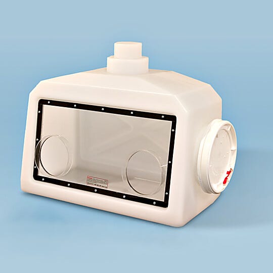 Economical, lightweight, portable glove box features a one-piece polyethylene shell with exhaust ventilation flange and large acrylic viewing window | 3308-10 displayed