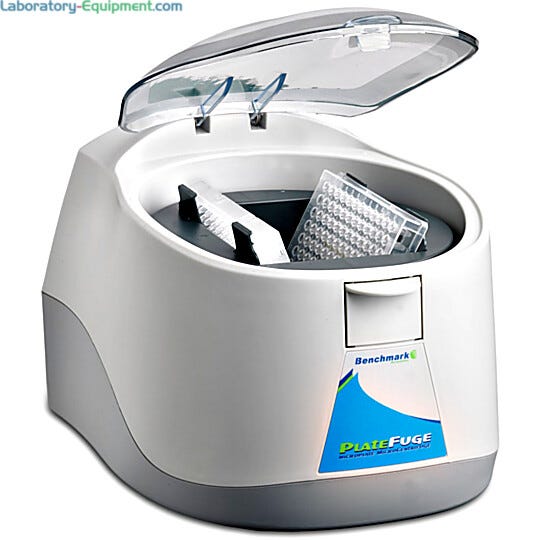 Platefuge microplate micro centrifuge from Benchmark has a 75° swing-out rotor and lid-controlled start/stop for spinning microplates up to 2,550 rpm  |  2814-00 displayed
