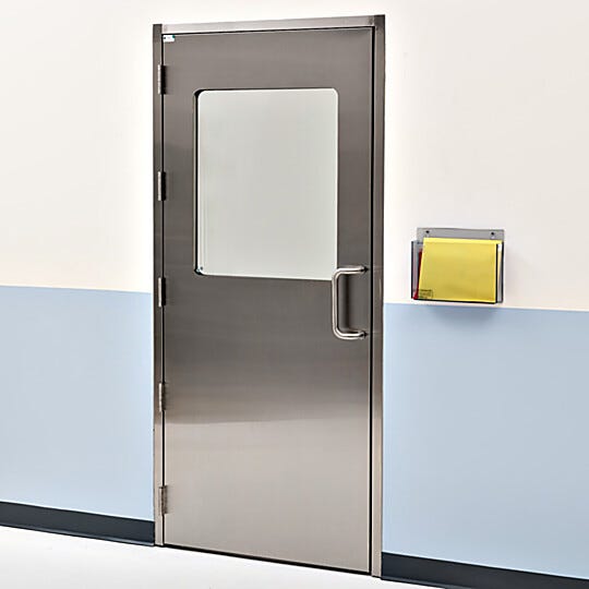 Left-hand swing stainless steel door with partial view tempered glass window  |  6602-79A-L displayed