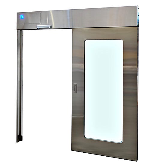 Stainless steel sliding door with recessed track design comes as a complete, ready-to-install unit  |  5555-PP-02 displayed