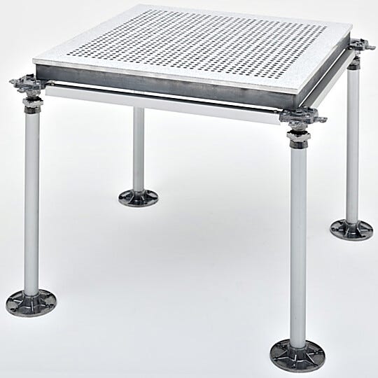 A 2'x2' sample of modular raised cleanroom flooring, perforated to optimize laminar airflow  |  6600-53 displayed
