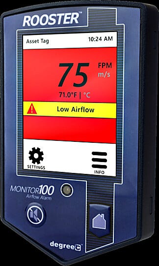 Color touchscreen display of the Rooster Monitor100 showing airflow measurement, temperature, and low airflow alarm | 6704-65A displayed