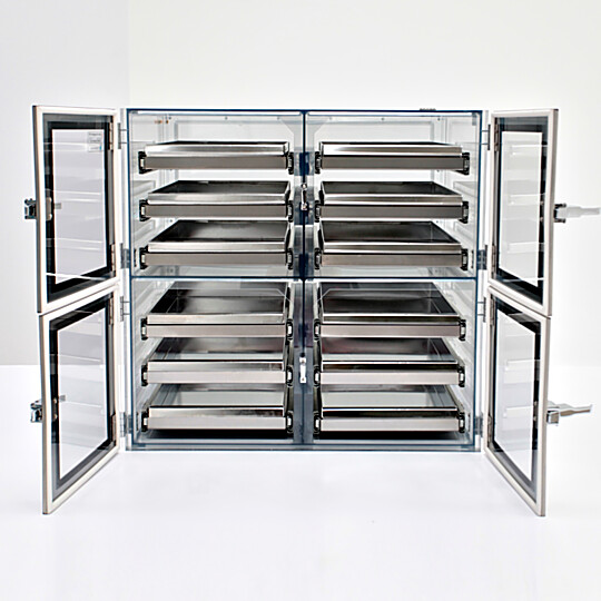 Semiconductor desiccator cabinet with faraday cage, 4 chambers with 2" deep sliding trays, for storage of sensitive microelectronics  |  2517-34A displayed