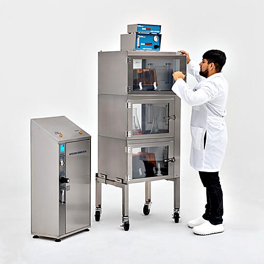 Series 400 three chamber stainless-steel desiccator cabinet provides multi-chamber humidity control | 1609-02BNP displayed