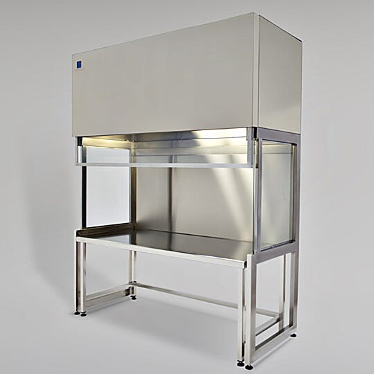 Stainless steel fume hood includes 10"-diameter duct flange, sliding shield, static-dissipative PVC side panels and (table and light optional) | 2400-05 displayed