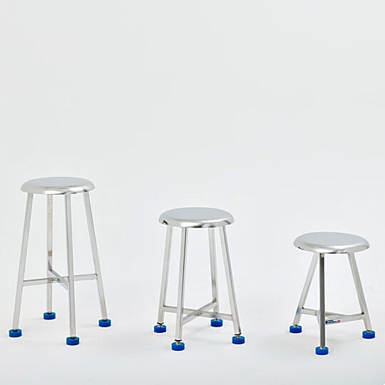 Industrial stainless steel lab stools with adjustable leveling feet, available in three different heights for laboratory and cleanroom applications. | 2806-PP-02 displayed