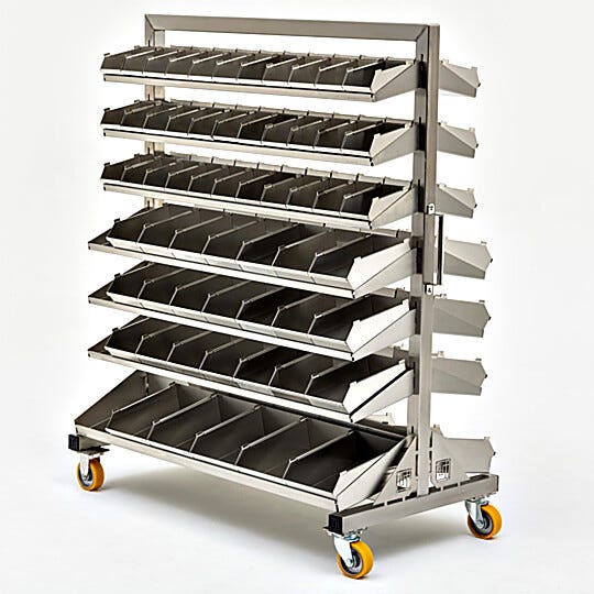 Double-sided mobile bin handled shelving unit with seven shelves per side, in three sizes for a variety of small parts storage and easy access | 9611-74 displayed