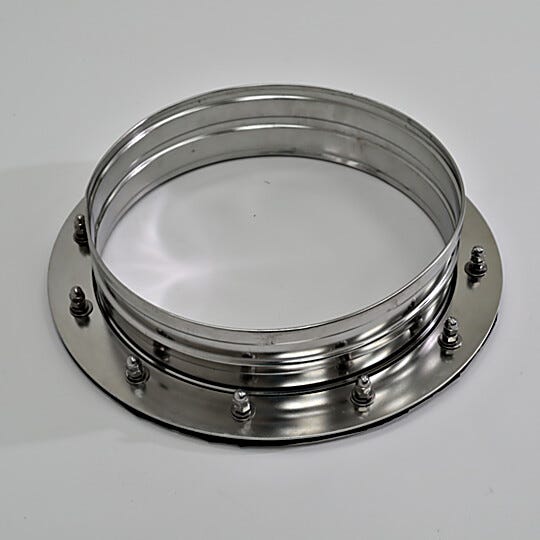 Exterior of 304 stainless steel glove port; 12" diameter round, with neoprene gaskets  |  1672-08-2 displayed