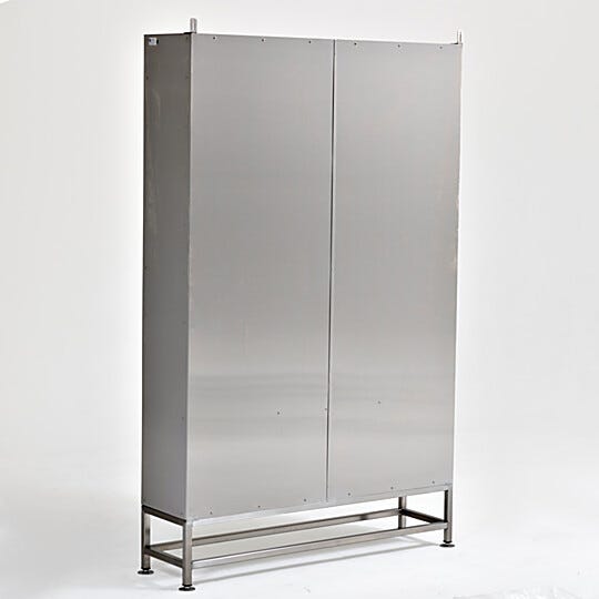 Stainless steel bootie rack backing sheet prevents items from falling out of cubbies | 3055-23-4814 displayed