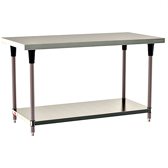 Standard 304 Stainless Steel TableWorx Work Tables with Microban antimicrobial Metroseal Legs and Under Shelf by Metro; additional sizes and mobile options | 1543-PP-02 displayed