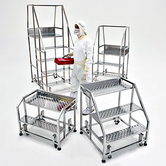 For cleanroom maintenance, ISO 4 BioSafe step stairs and work platforms are non-folding options for ideal maintenance tasks