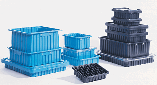Stackable tote boxes available in conductive or dissipative polymer, with opitonal lids and inlay dividers | 6000-12 displayed