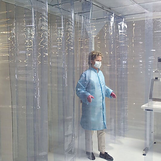 Flexible strip shields and panels in several cleanroom-compatible materials create an economical softwall enclosure  |  6704-07 displayed