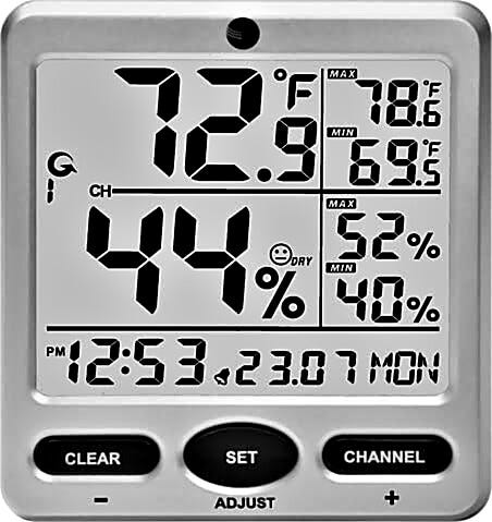 Digital thermo-hyrometer console with humidity indicator for cleanroom application, connects to up to 8 wireless remote sensors | 5401-34 displayed