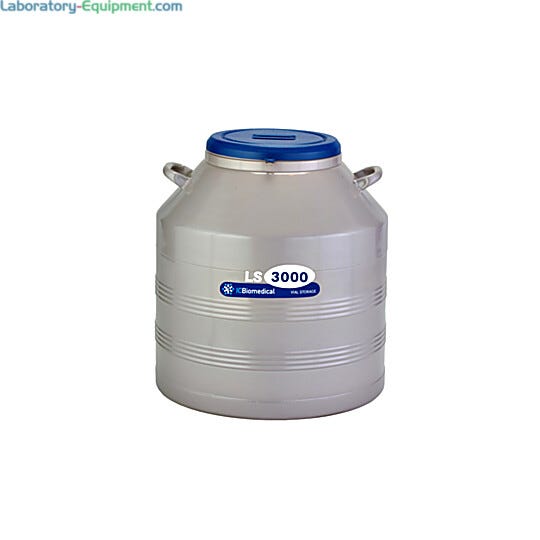 TW LS3000 Cryogenic Refrigerator has an 81L liquid or vapor LN2 capacity and an aluminum body with magniformed necktube; stores 3000 2ml vials  |  6900-10 displayed