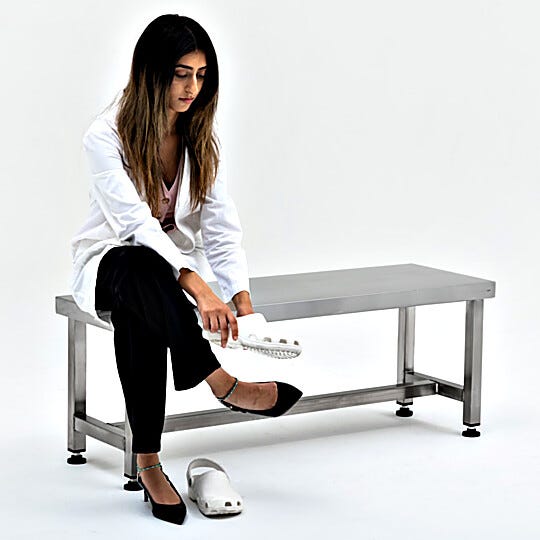 BioSafe® UltraClean® stainless steel gowning benches meet gowning protocol in environments where cleanliness is necessary | 9605-80A displayed