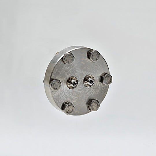 Stainless steel vacuum feedthrough panel with two compression-style 2-pin terminations  |  5235-62 displayed
