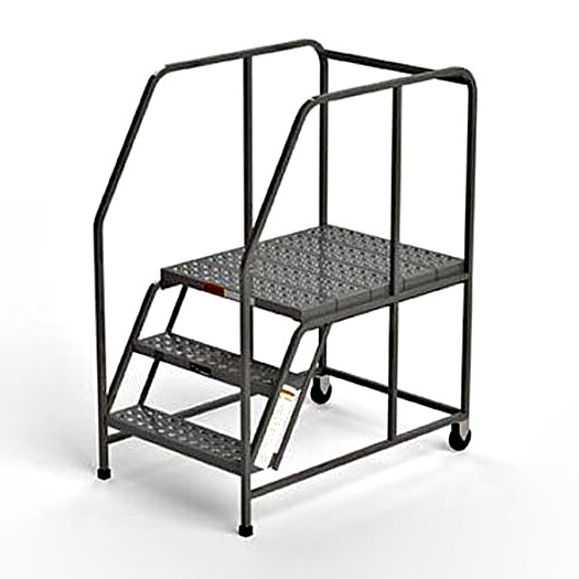 OSHA W027H 3-Step Steel Mobile Work Platform by EGA Products with handrails, perforated EZY-Tread, 4" casters, 30"W x 36"D platform and a 500-lb capacity  |  2814-08 displayed