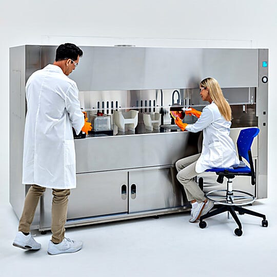 Stainless steel wet processing station, 9ft wide, with slide-up SD-PVC shield; sash is counter-weighted to easily slide and hold in any position  |  7018-03 displayed