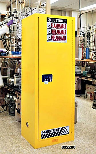 Yellow Slimline safety cabinets by Justrite are fire resistant double wall, air insulated and welded steel construction | 1619-90 displayed