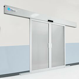 The Powder-Coated Aluminum Automatic Double Bi-Parting Sliding Door will auto reverse when something obstructs the path of the door  |  6709-17 displayed