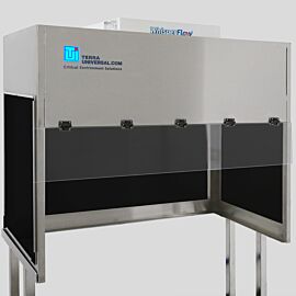 BioSafe® benchtop vertical laminar flow hood with opaque black acrylic panels to block ambient light; front shield is transparent static-dissipative PVC  |  1688-BA-4830 displayed