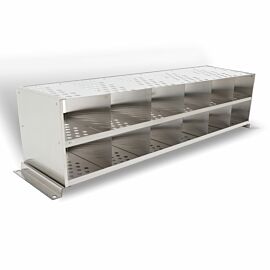 304 stainless steel bootie rack with glides for retrofitting to gowning bench, perforated surface with 12 cubbies  |  1560-42 displayed