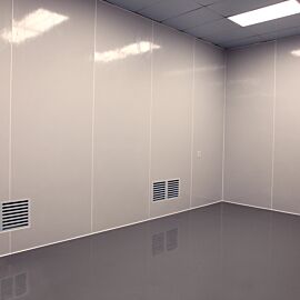 This FM-approved, ISO-5 certified high-grade FRP panel and mounting kits converts existing office space into a cleanroom-compatible enclosure  |  6601-87-0408 displayed