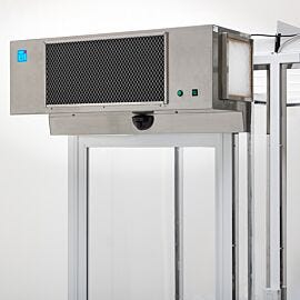 High-Velocity Cleanroom Air Curtain (stainless steel) shown installed on Terra’s Hardwall Cleanroom  |  6601-50A displayed