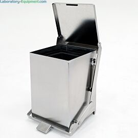 Electropolished ISO 4 stainless steel rectangular hands-free waste receptacle with pneumatic soft-closing lid, 12"W x 12"D x 17"H  |  1456-16B displayed