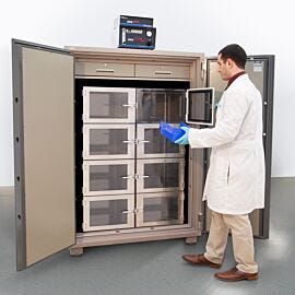 Steel safe holds 8-chamber SDPVC desiccator, secure double doors self-lock; interior has two locking drawers  |  6500-22 displayed