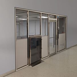 Custom cleanroom wall partition with 2" square stainless steel frame, passthrough chamber and door; panels top half static-dissipative PVC, bottom half  |  6600-11 displayed