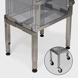 Small 4"H stainless steel desiccator stand; optional casters simplify positioning and cleaning