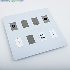 2'x2' panel with 8 customizable ports using twist lock plugs, TV cable ports, ethernet ports, and phone jacks  |  6706-09 displayed