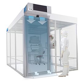 High-velocity cleanroom air curtain installed above the entryway of a hardwall Terra Universal Cleanroom  |  6601-50A displayed